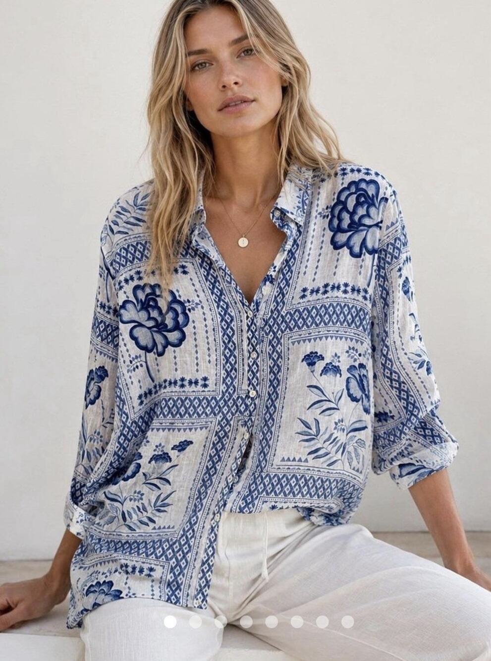 HALSTON 100% Linen Blue White Floral Tile Button Front Blouse Shirt Top Sz L